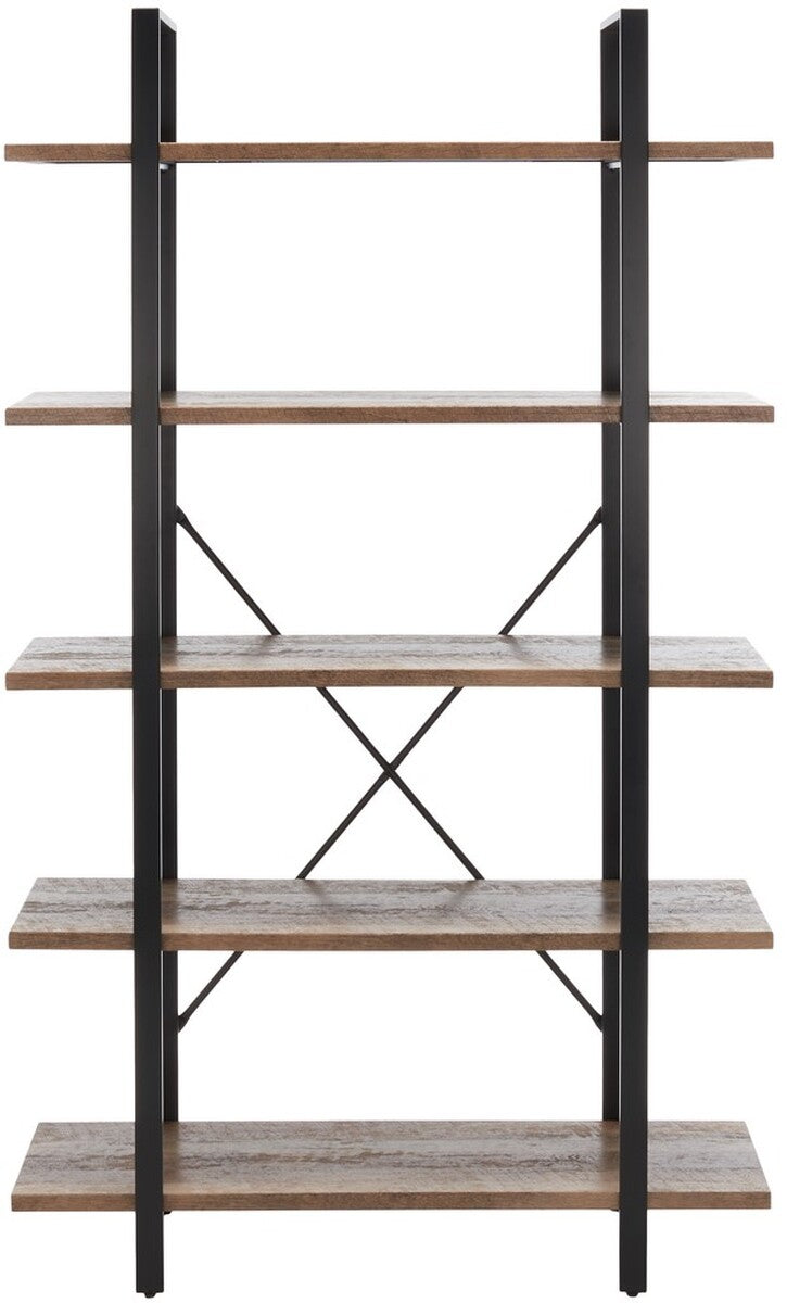 Safavieh Euan 5 Shelf Cross Back Etagere XII23 Rustic Natural/Matte Black Wood/Metal ETG6401A