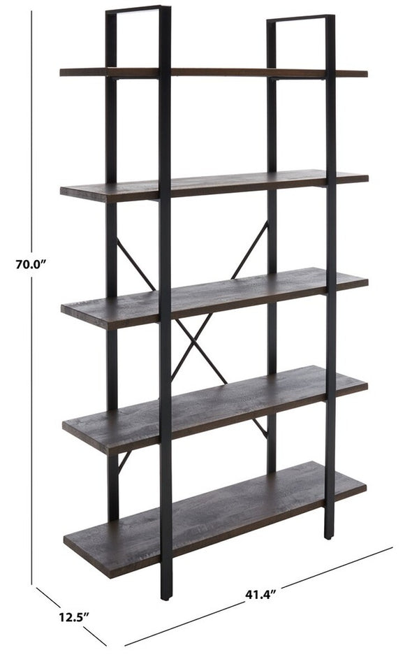 Safavieh Euan 5 Shelf Cross Back Etagere XII23 Cocoa Walnut/Matte Black Wood/Metal ETG6401B