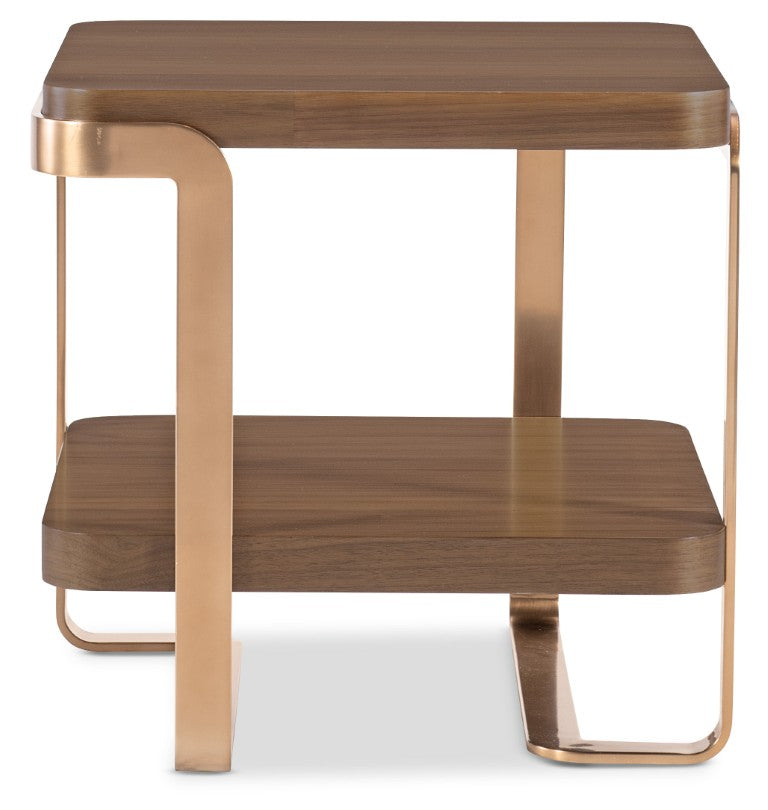 Hooker Furniture Eleana Light Caramel Walnut End Table With Sunlit Bronze Base, Sculptural Shelf For Stylish Storage 7252-80313-85