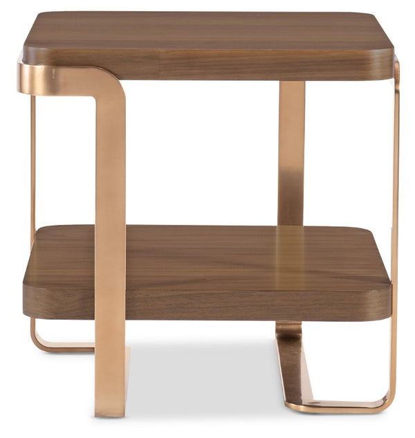 Hooker Furniture Eleana Light Caramel Walnut End Table With Sunlit Bronze Base, Sculptural Shelf For Stylish Storage 7252-80313-85