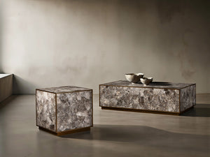 Bernhardt Bernhardt Tildon Side Table — Smoky Quartz Panels In Aged Brass Frame, Square Plinth Accent 22" H 347127