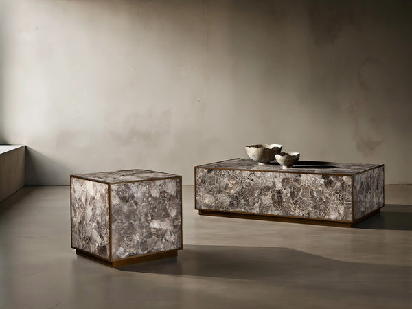 Bernhardt Bernhardt Tildon Side Table — Smoky Quartz Panels In Aged Brass Frame, Square Plinth Accent 22" H 347127