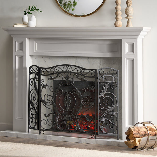 English Elm Waterbury Wrought Iron Fireplace Screen with Ornate Scrollwork and Camelback Silhouette 55341.00SIL