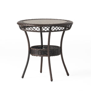 English Elm Christopher Knight Home® - FIGI Paea 27" Glass Table Brown Multi – Durable PE Wicker & Iron Bistro Table with Storage Basket 53082.00IRNKD