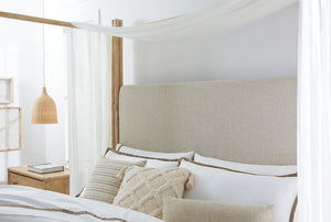 Hooker Furniture Retreat Cal King Upholstered Poster Bed With Canopy, Neo Cream Headboard, Rattan Poles & Distressed Oak 88.00 L x 81.50W x 90.00H 6950-90466-80