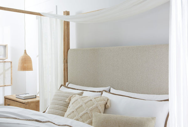 Hooker Furniture Retreat Cal King Upholstered Poster Bed With Canopy, Neo Cream Headboard, Rattan Poles & Distressed Oak 88.00 L x 81.50W x 90.00H 6950-90466-80