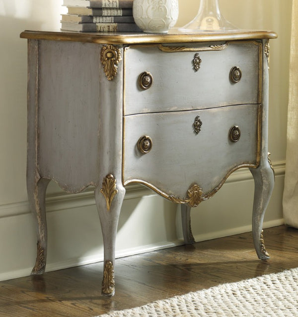 Hooker Furniture French Two Drawer Chest — Light Gray Distressed Vintage French Nightstand With Gold Leaf Accents, 30" Wide 500-50-887