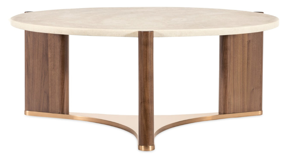 Hooker Furniture Eleana Sculptural Round Cocktail Table With Honed Marble Top, Light Caramel Walnut & Sunlit Bronze Accents 7252-80111-85