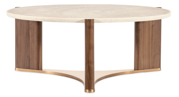Hooker Furniture Eleana Sculptural Round Cocktail Table With Honed Marble Top, Light Caramel Walnut & Sunlit Bronze Accents 7252-80111-85