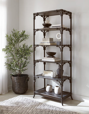 Hooker Furniture Retreat Pole Rattan Bookcase With Black Sand Oak Veneer, Rope Accents & Five Fixed Shelves For Display Dark Wood 6950-10445-99