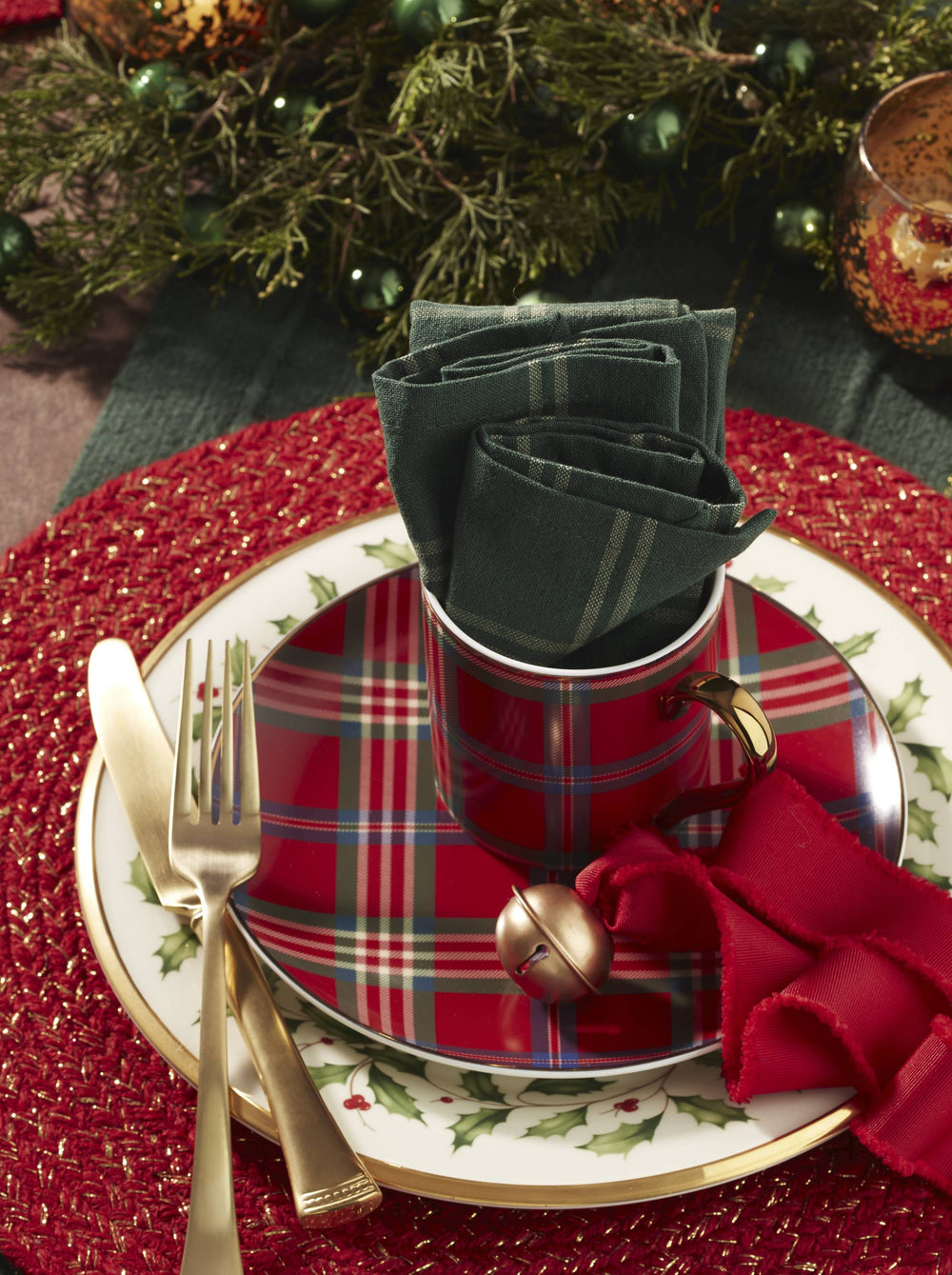 Lenox Holiday Red Tartan Mugs, Set of 4 Red, RED PORCELAIN 896685