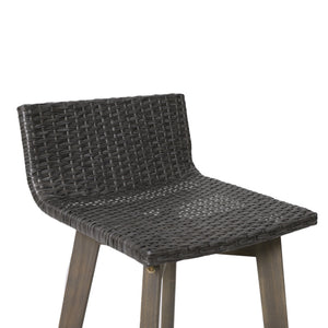English Elm Christopher Knight Home® - LA La Brea Acacia Wood & Wicker Barstool Set of 2 — Outdoor Faux Rattan Seats with Iron X-Stretcher Frame Grey 65431.00GRY