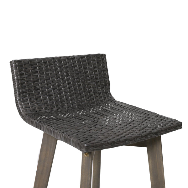 English Elm Christopher Knight Home® - LA La Brea Acacia Wood & Wicker Barstool Set of 2 — Outdoor Faux Rattan Seats with Iron X-Stretcher Frame Grey 65431.00GRY