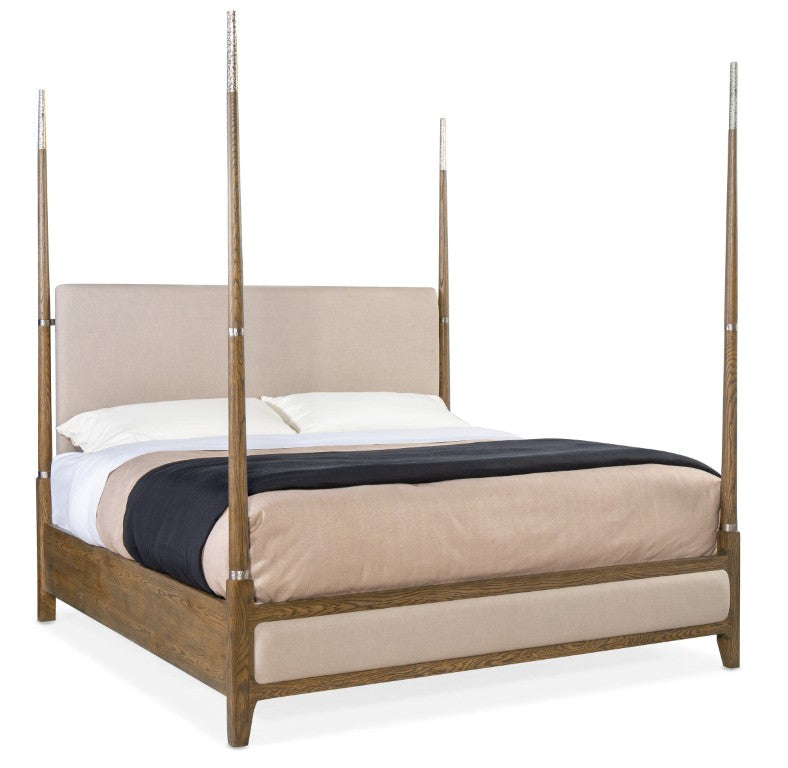 Hooker Furniture Chapman Four Poster Queen Bed With Upholstered Taupe Headboard, Hand‑Hammered Pewter Posts & Oak Veneer 89.75 L x 64.50W x 90.25H 6033-90450-85