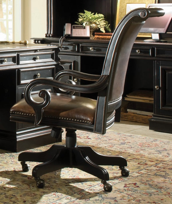Hooker Furniture Telluride Leather Tilt Swivel Chair With Carved Arms, Nailhead Trim, Black Over Cherry Finish, Adjustable Comfort 370-30-220