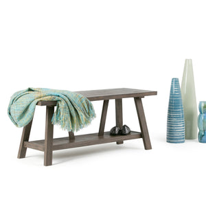 English Elm Dylan Driftwood Entryway Bench — Handcrafted Solid Wood, Trestle Support, 2-Seat, Shelf, Modern Industrial Design B136P158142