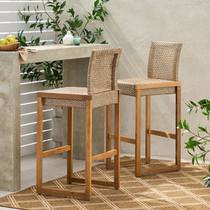 English Elm Christopher Knight Home® - ELON Outdoor Wicker Barstools Set of 2 – Acacia Wood Frame, Faux Rattan, Teak Finish, 400 lb Capacity 70422.00MLBRN