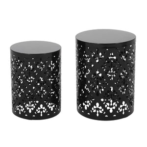English Elm Metal Nesting End Table Set of Two with Floral Iron Cut Design for Living Room Black 73604.00BLK