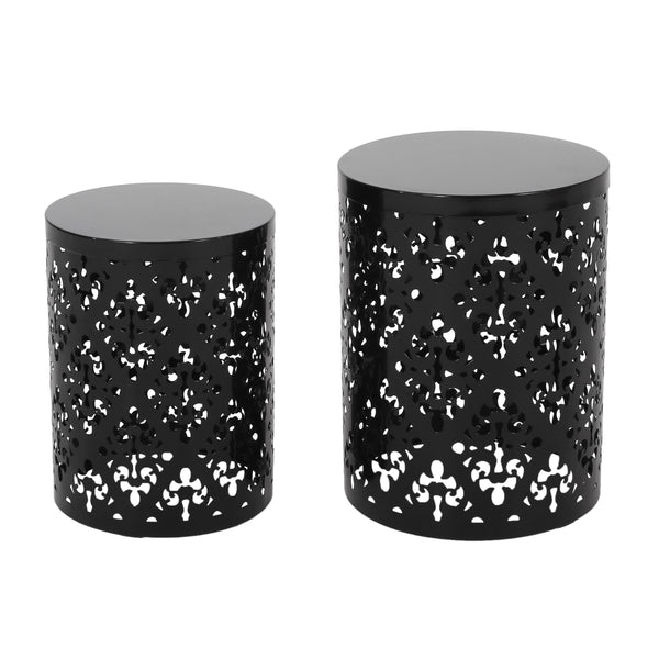 English Elm Metal Nesting End Table Set of Two with Floral Iron Cut Design for Living Room Black 73604.00BLK