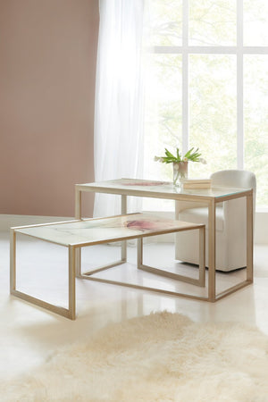 Hooker Furniture Blossoming Hope Glass Writing Desk — Ultra White Reverse-Painted Floral Top, Gold Metal Frame, Elegant Transitional Style 5000-10003-647
