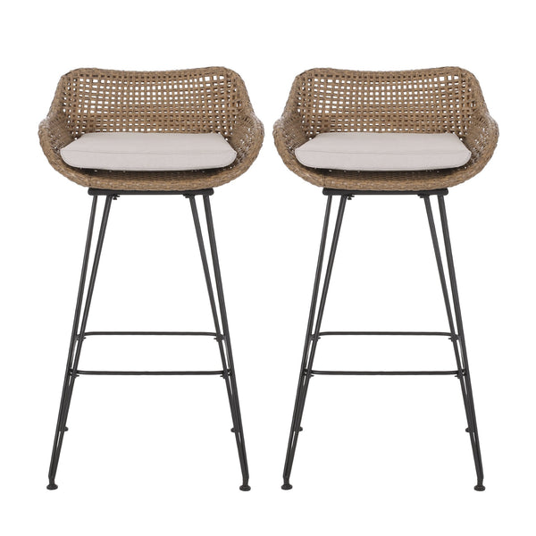 English Elm Pe Rattan Outdoor Bar Stools All Weather Woven Set with Cushioned Seats for Patio 71503.00LBRN