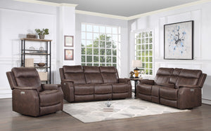English Elm Steve Silver - Valencia Dual Power Reclining 3-Piece Living Room Set in Dark Brown Faux Leather with Console Storage and Cupholders B081S00311