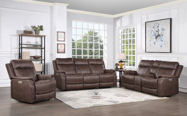 English Elm Steve Silver - Valencia Dual Power Reclining 3-Piece Living Room Set in Dark Brown Faux Leather with Console Storage and Cupholders B081S00311