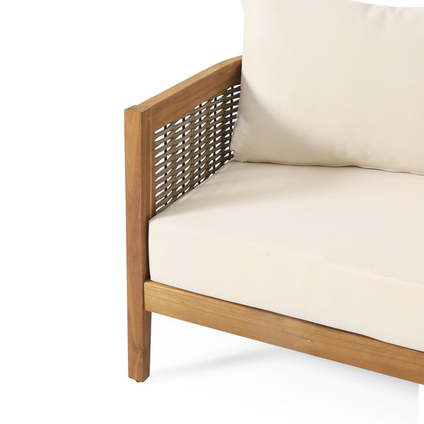 English Elm Christopher Knight Home® - 76.5'' Acacia Wood Round Wicker 3-Seater Outdoor Sofa with Teak Finish, Water-Resistant Beige Cushions 74133.00