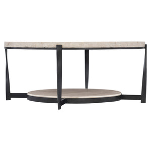 Bernhardt Bernhardt Travertine Cocktail Table 43" — Aged Pewter Twisted Steel Base, Lower Shelf, Durable Core 405015