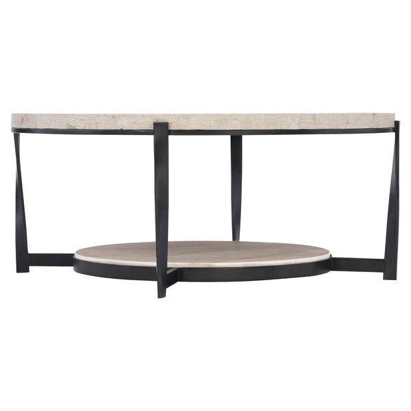 Bernhardt Bernhardt Travertine Cocktail Table 43" — Aged Pewter Twisted Steel Base, Lower Shelf, Durable Core 405015