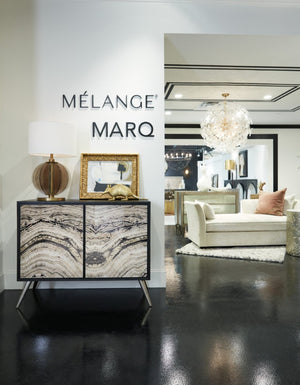 Hooker Furniture Melange Geode Two-Door Chest With Reverse-Painted Glass, Black Oak Veneer, Silver Legs, Ventilated Storage 628-85648-98