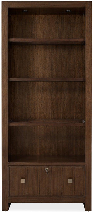 Hooker Furniture Archives Bookcase In Classic Walnut With Glass Shelves, Locking File Drawer & Satin Brass Hardware—Elegant 84" Tall Showcase For Office Or Home Collection 6123-10445-89