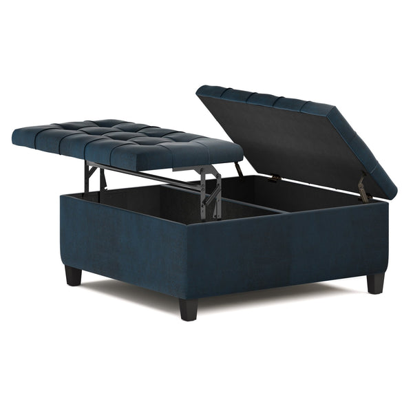 English Elm Harrison - Versatile Storage Ottoman Coffee Table In Distressed Dark Blue Vegan Leather For Modern Homes B136P159144
