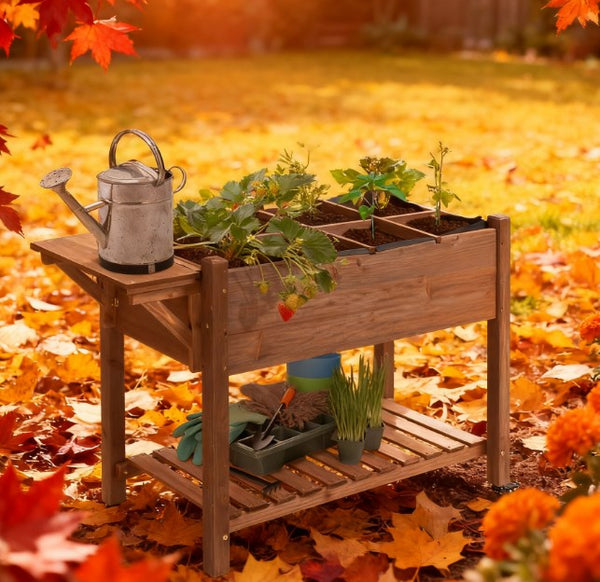 English Elm Planter Box Elevated Fir Wood Garden Bed with 8 Compartments and Lockable Wheels T3971P422736