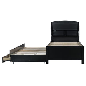 English Elm Twin LED Platform Bed with Trundle and Under-Storage Drawers, Flip-Up Headboard, USB Ports Espresso N820S10008D