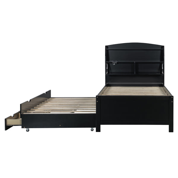 English Elm Twin LED Platform Bed with Trundle and Under-Storage Drawers, Flip-Up Headboard, USB Ports Espresso N820S10008D