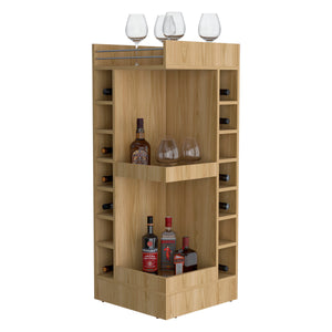 English Elm FM Corner Bar Cabinet with 8-Bottle Rack, Open Display Shelves and Hidden Storage for Home Entertaining Natural Wood 51.2 L x 23.2 W x 4.7 H B128P269883