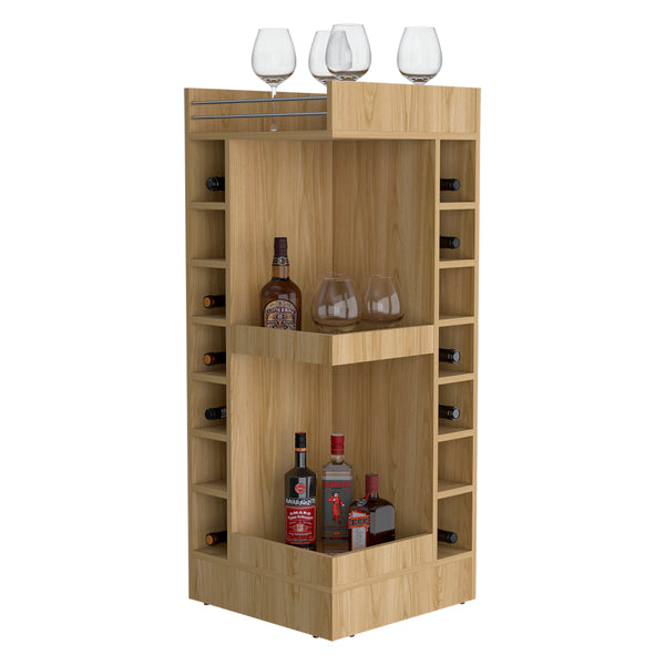 English Elm FM Corner Bar Cabinet with 8-Bottle Rack, Open Display Shelves and Hidden Storage for Home Entertaining Natural Wood 51.2 L x 23.2 W x 4.7 H B128P269883