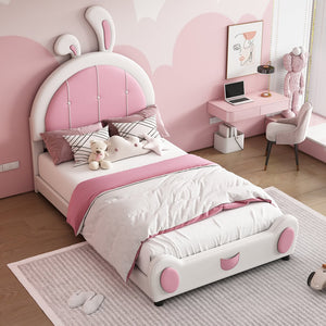 English Elm Twin Upholstered Platform Bed with Ribbit Headboard, White Pink Ears, Low-Profile Modern Frame, Cute WF323763AAK