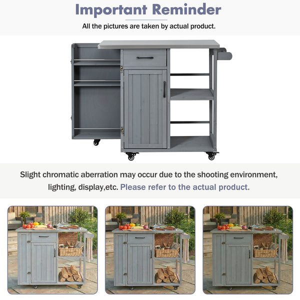 English Elm Foldable Outdoor Kitchen Cart with Stainless Worktop Fir Wood Frame and Lockable Wheels Grey N719P380278E
