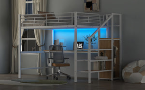 English Elm Full Size Metal Loft Bed With Desk, Storage Staircase, Wardrobe & Led Light For Small Spaces GX000620AAK-1