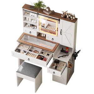 English Elm Farmhouse LED Vanity Desk with Sliding Mirror, Glass Top Storage, Built-In Charging Station & Stool White 37 L x 18.5 W x 13 H N733P340562K