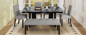English Elm 6 Piece Dining Set with Rectangular Solid Wood Table, Upholstered Chairs & Bench, Rustic Charm, Easy Assembly, Seats 6 Black+ Gray N752S000011B