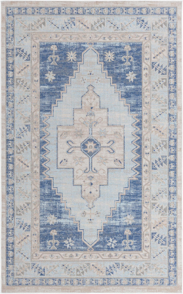 Unique Loom Whitney Geneva Machine Made Border Rug Sky blue, Ivory/Light Blue/Gold/Gray/Pink 5' 3" x 8' 0"