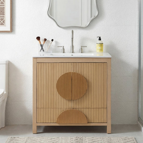 English Elm 30 Inch Fluted Freestanding Bathroom Vanity Solid Wood Soft Close Spa Style W5278S00004