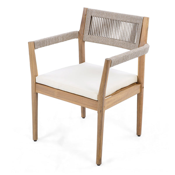 English Elm Christopher Knight Home® - Braided Acacia Wood Outdoor Dining Chairs Set Of 2 – Stylish Teak Finish With Cream Cushions & Armrests N770P286668C