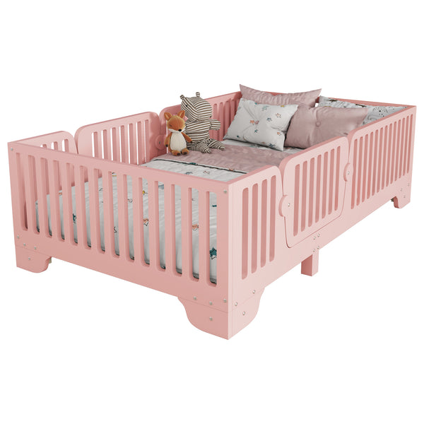 English Elm Twin Montessori Floor Bed with Safety Rails Hinged Door and Plywood Slats for Kids Pink W2593P381410