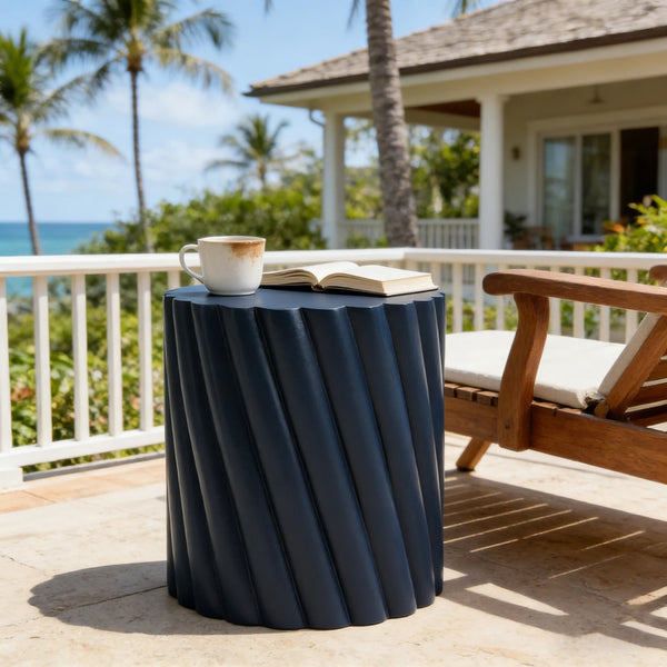 English Elm Modern Fluted Mgo Outdoor Accent Stool Weather Resistant Patio Navy Sculptural Table N770P396700N