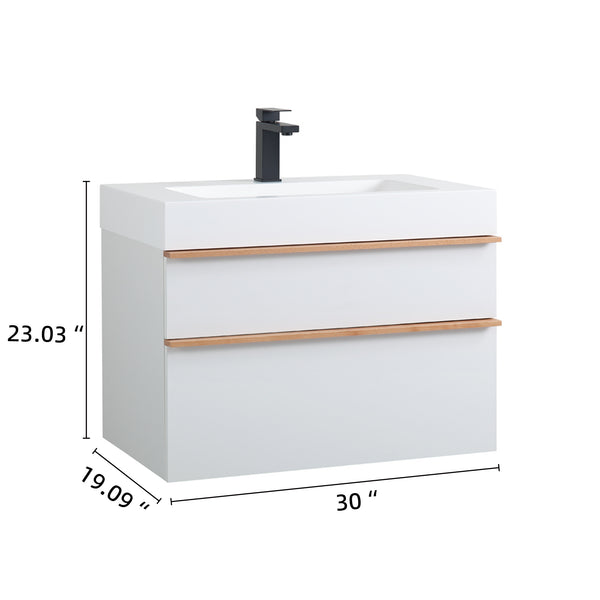 English Elm VELA 30 Inch Wall Mounted Bathroom Vanity with Integrated Acrylic Sink, Dual Wood Handles, Soft-Close Drawers, Matte Finish White W3235P327594