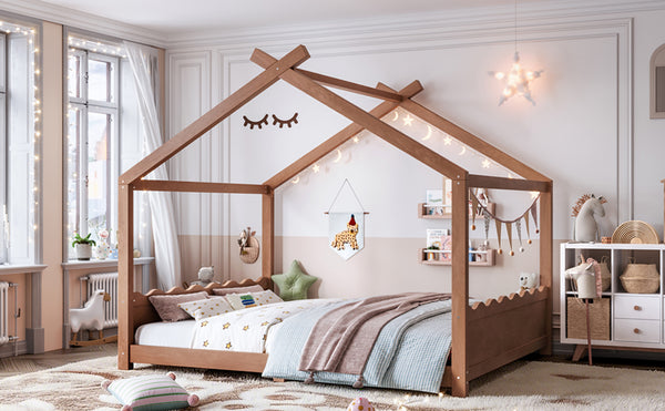 English Elm Queen House Shaped Floor Bed Solid Pine Frame Montessori Kids Bedroom No Box Spring W1580P438812